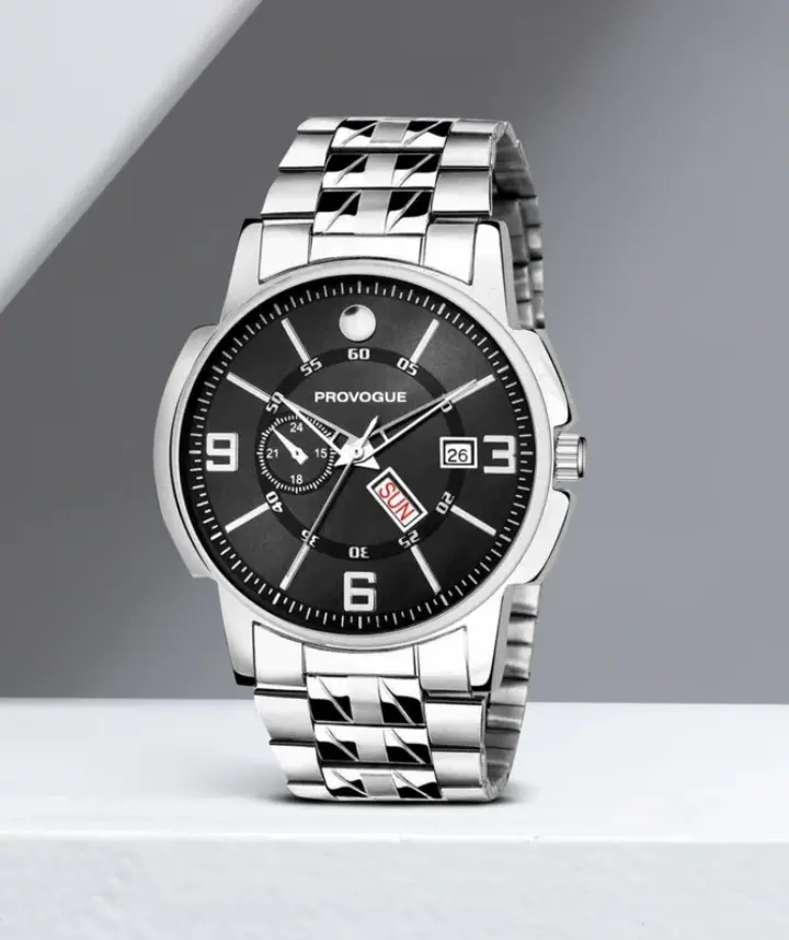 PROVOGUE Original Sliver Plated Day and Date Funtioning Analog Watch For Men SK-PG-4075-BLK-SLVR Basic Analog Watch for Men with Day and Date Display