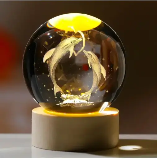 FIZZYTECH 3D Dolphin Crystal Ball Lamp, K9 Crystal Ball Light with 3.15 Inch Wooden Base Night Lamp (6 cm, 3D Dolphin Ball)